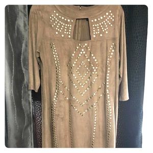Gold studded tan faux suede dress